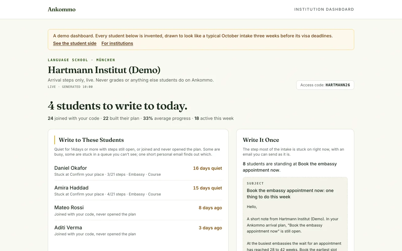 The institution dashboard for a fictional language school: who to write to today and the email to send